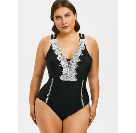 Plus Size Contrast Lace Criss Cross One-piece Swimsuit - Black L
