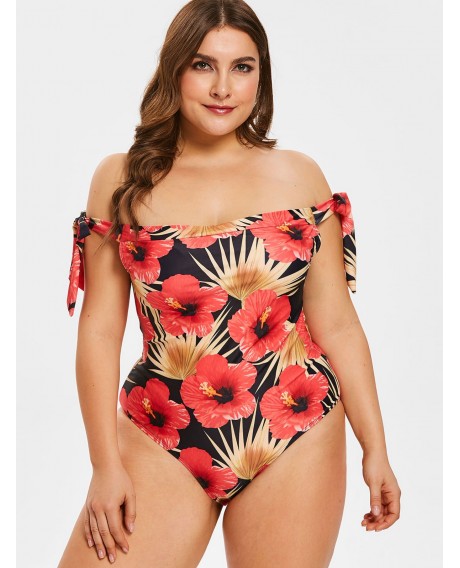Plus Size Off The Shoulder Floral Print Swimwear - Black L