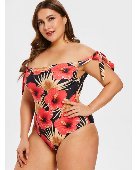 Plus Size Off The Shoulder Floral Print Swimwear - Black L