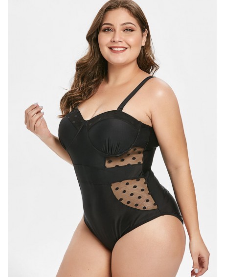 Plus Size Padded One-piece Swimsuit with Mesh - Black L