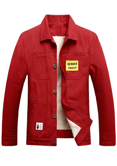 Multi Pockets Appliques Fleece Button Up Jacket - Red 2xl