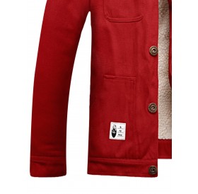Multi Pockets Appliques Fleece Button Up Jacket - Red 2xl