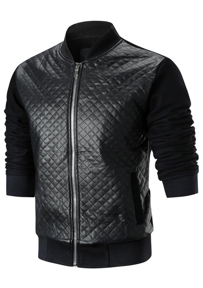 Stand Collar Checked Leatherette Jacket - Black 2xl