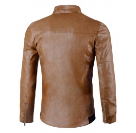 Flap Button Embellished Faux Leather Jacket - Khaki 4xl