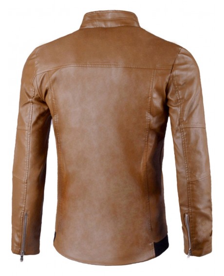 Flap Button Embellished Faux Leather Jacket - Khaki 4xl