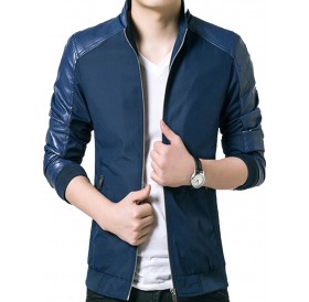 Artificial Leather Panel Zip Up Jacket - Blue 2xl