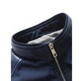 Artificial Leather Panel Zip Up Jacket - Blue 2xl