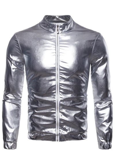 Side Pocket Full Zipper Shiny Jacket - Silver Xl