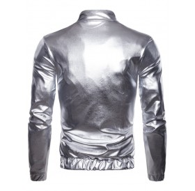 Side Pocket Full Zipper Shiny Jacket - Silver Xl