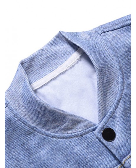 Pockets 3D Print Button Up Jacket - Sky Blue L