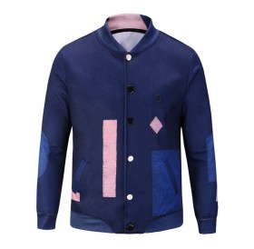 Button Up Geometric Print Jacket - Deep Blue L