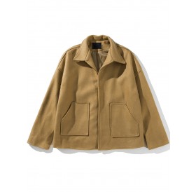 Turndown Collar Pockets Cloak Woolen Jacket - Khaki Xl