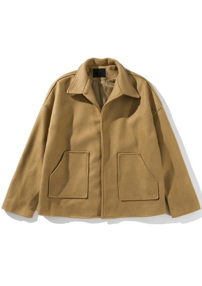 Turndown Collar Pockets Cloak Woolen Jacket - Khaki Xl