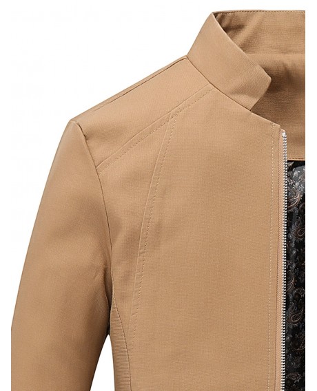 Pockets Zip Up Casual Jacket - Khaki 4xl
