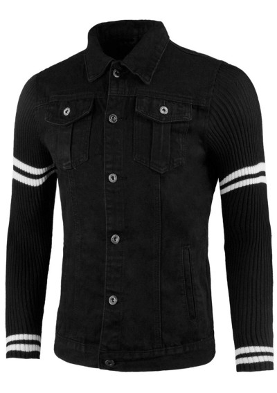Stripe Sweater Panel Denim Jacket - Black 2xl