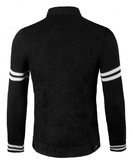 Stripe Sweater Panel Denim Jacket - Black 2xl