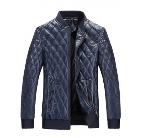Zip Pockets Checked Leatherette Jacket - Blue M