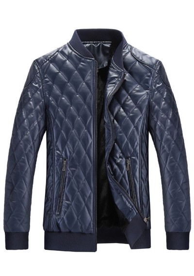Zip Pockets Checked Leatherette Jacket - Blue M
