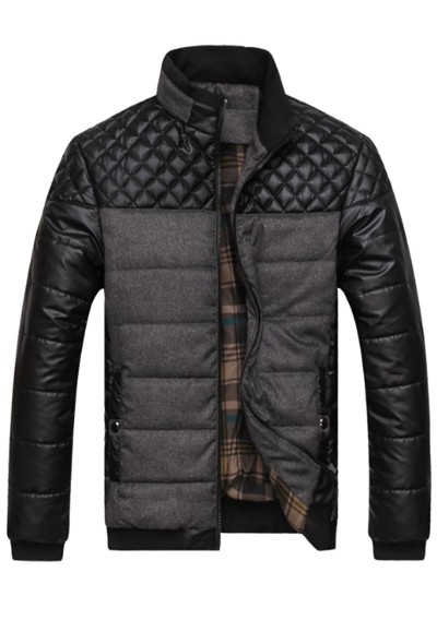 Stand Collar Checkered Leatherette Jacket - Gray Xl