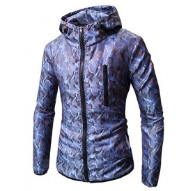 Drawstring Camouflage Print Hooded Jacket - Blue 2xl