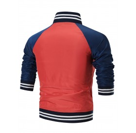 Stand Collar Colo Block Windbreaker Jacket - Red 2xl