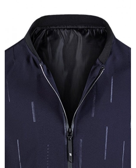Stand Collar Printed Zip Embellished Jackets - Deep Blue M