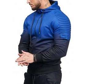Full Zipper Gradient Print Shoulder Pleated Sports Hoodie - Royal Blue M
