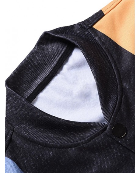 Zipper Pocket 3D Print Color Block Jacket - Black L
