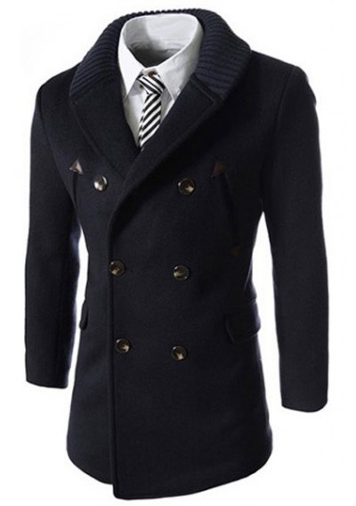 Knitted Lapel PU Leather Spliced Multi-Button Slimming Long Sleeves Men's Woolen Blend Thicken Peacoat - Cadetblue Xl
