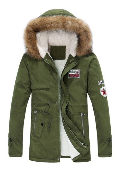 Faux Fur Hood Appliques Fluffy Lined Jacket - Army Green Xs