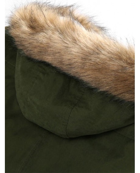 Faux Fur Hood Appliques Fluffy Lined Jacket - Army Green Xs