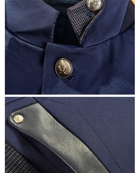 Stand Collar Single Breasted Leather Spliced Coat ODM Designer - Purplish Blue L