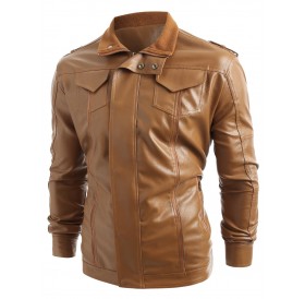 Solid Color Shoulder Belt Embellished Zip Fly PU Jacket - Brown M