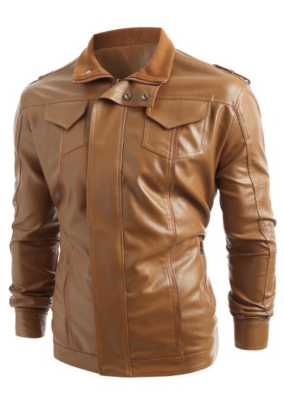 Solid Color Shoulder Belt Embellished Zip Fly PU Jacket - Brown M