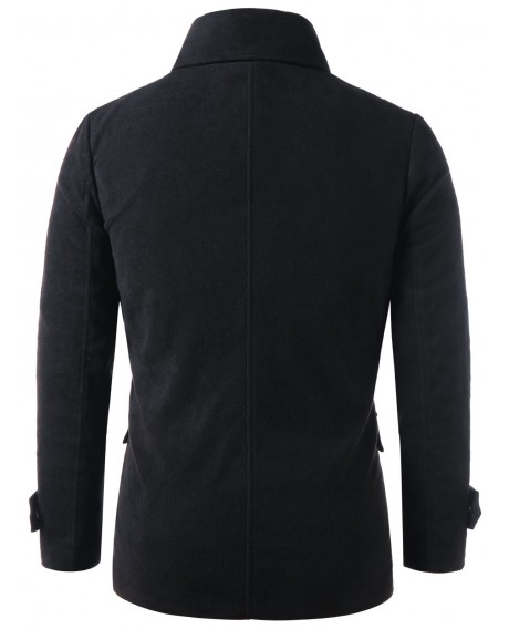 Stand Collar Flap Pockets Zip Up Coat - Black M