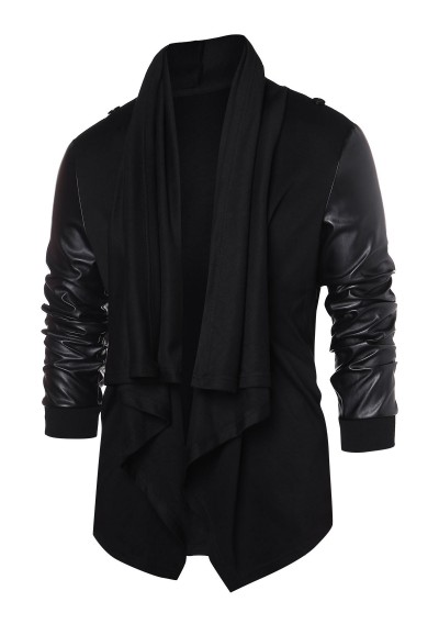 PU Leather Panel Open Front Coat - Black M