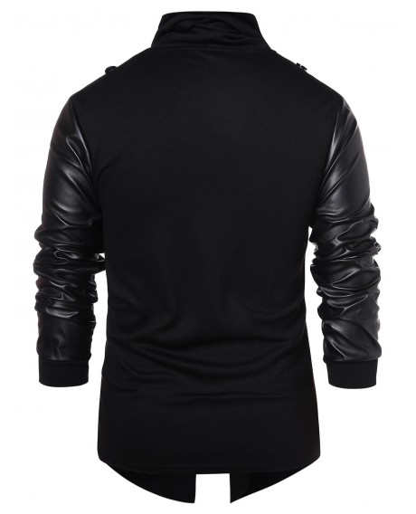 PU Leather Panel Open Front Coat - Black M