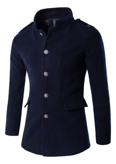 Plus Size Stand Collar Epaulet Single-Breasted Woolen Coat - Cadetblue 3xl