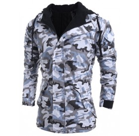 Modish Loose Fit Hooded Multi-Pocket Camo Pattern Long Sleeve Thicken Cotton Blend Coat For Men - Light Gray L