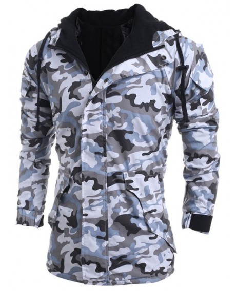 Modish Loose Fit Hooded Multi-Pocket Camo Pattern Long Sleeve Thicken Cotton Blend Coat For Men - Light Gray L