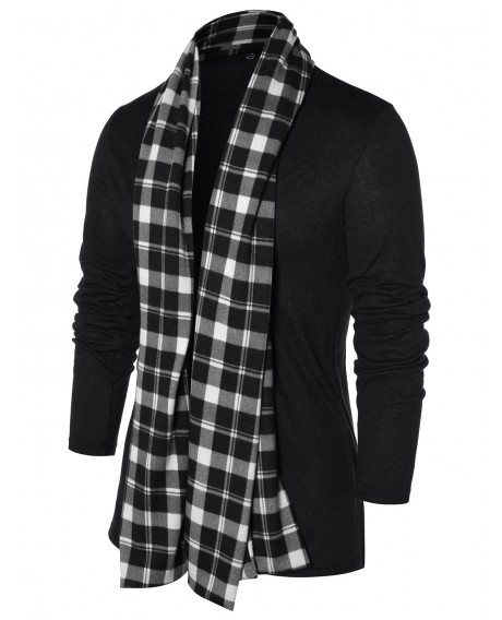 Checked Print Open Front Longline Cardigan - Black M