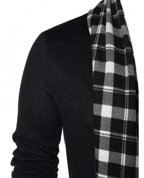 Checked Print Open Front Longline Cardigan - Black M
