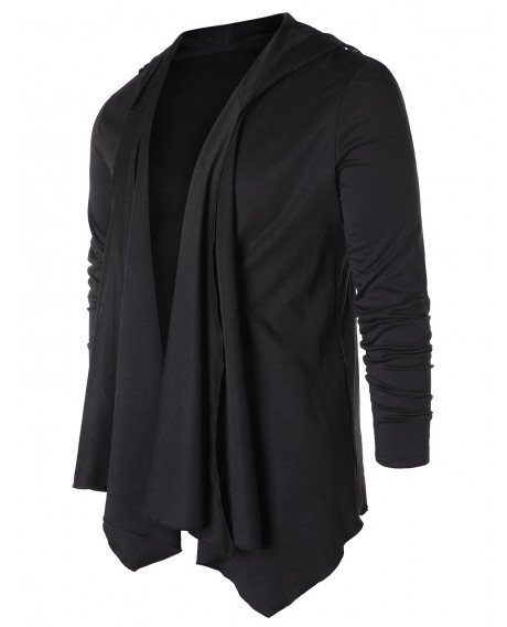 Asymmetric Open Front Hooded Coat - Black L
