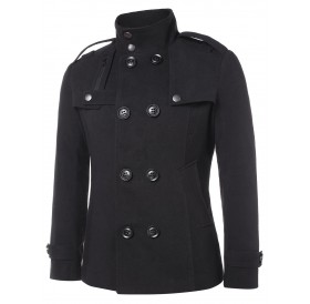 Solid Double Breasted Stand Collar Coat - Black M