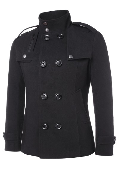 Solid Double Breasted Stand Collar Coat - Black M