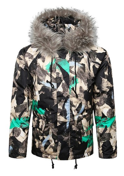 Paint Splatter Fur Hooded Drawstring Design Padded Jacket - Aquamarine 2xl