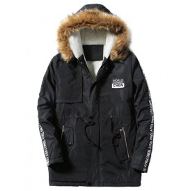 Furry Hood Applique Drawstring Fleece Coat - Black M