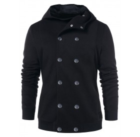 Double Breasted Long Sleeve Hooded Coat - Black L