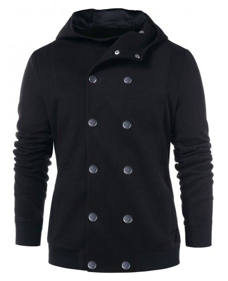 Double Breasted Long Sleeve Hooded Coat - Black L
