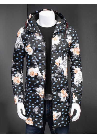 Zip Up Floral Printed Hooded Padded Coat - Floral Xl
